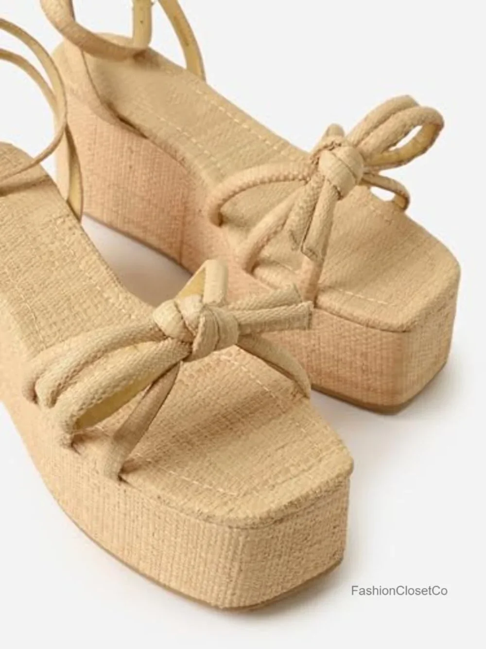 Natural Raffia Platform Sandals Women Wedge Espadrilles Bow Ankle Strappy Woven